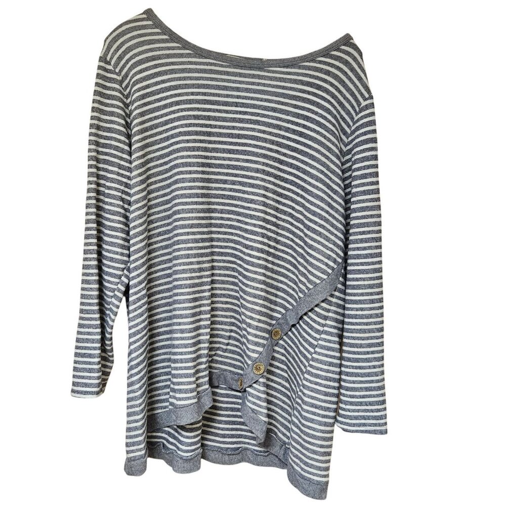 Soft Surroundings Womens 2X Gray White Stripe Sweater Long Sleeve Button Accent